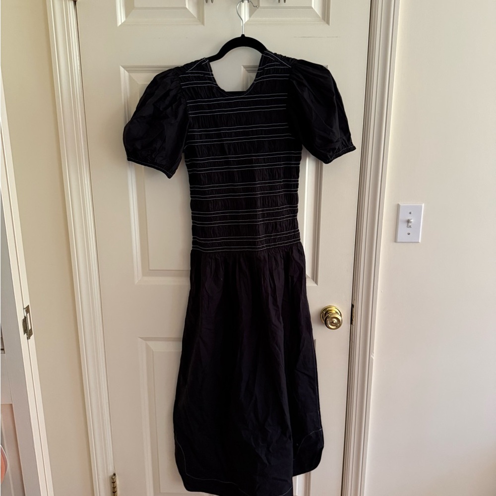 Ganni Black Midi Dress with Puff Sleeves